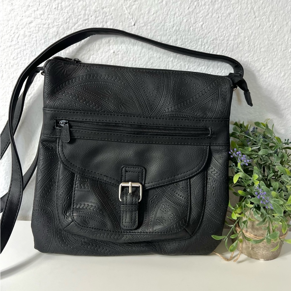 MultiSac Crossbody Bag Purse Black Textured Vinyl Medium Pockets Zipper Boho